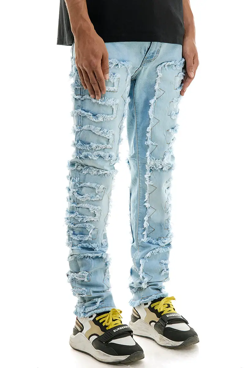 Men's Skinny Raw Hem Patchwork Jeans