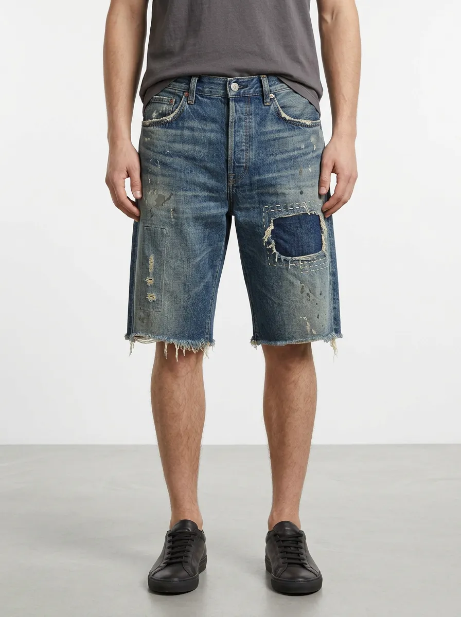 Men's Patchwork Paint Splatter Distressed Raw Hem Distressed Denim Shorts