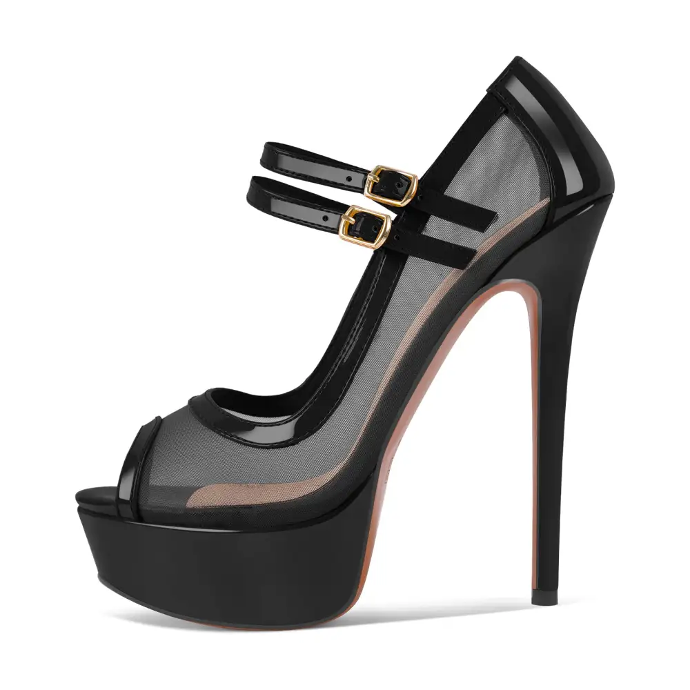 Mesh Detail Peep Toe Platform Stiletto Pumps
