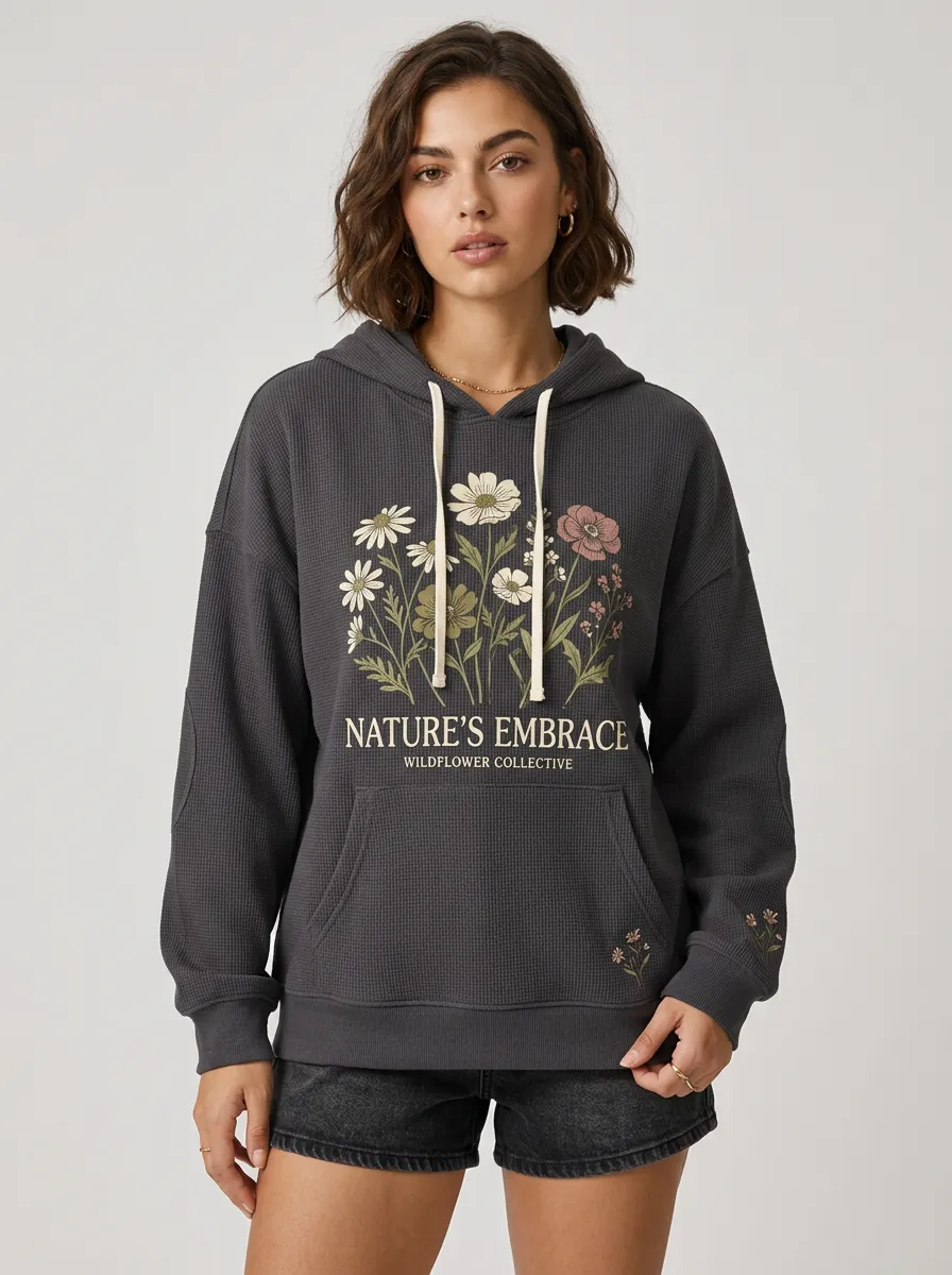 Women's Nature Lover Wildflower Printed Waffle Knit Hoodie