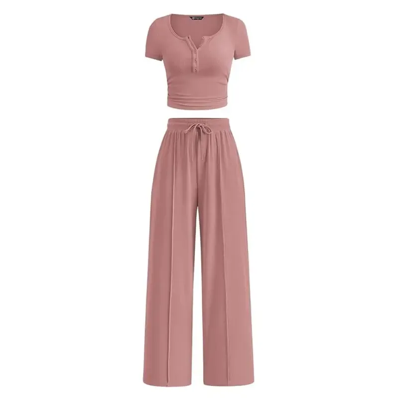 Women's two-piece summer ribbed knit button short-sleeve crop top and wide-leg pants