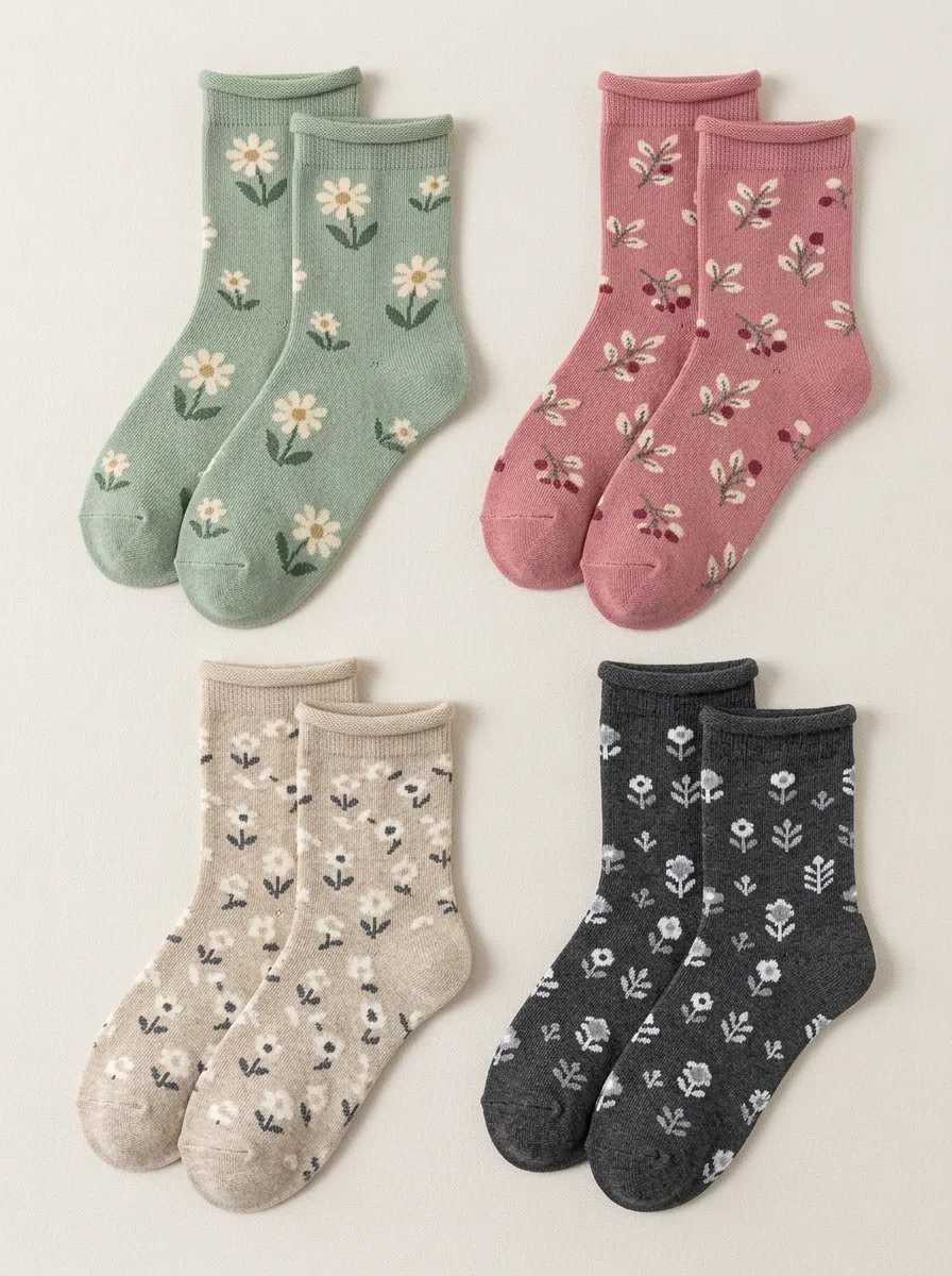 Women's Rolled Cuff Floral Crew Socks Four Pair Set