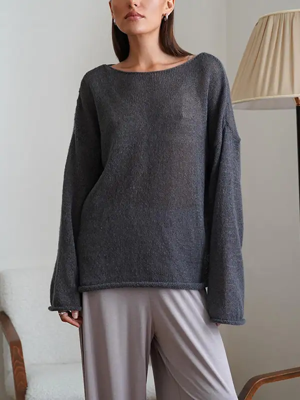 Sheer Detail Paneled Round Neck Long Sleeve Relaxed Fit Sweater