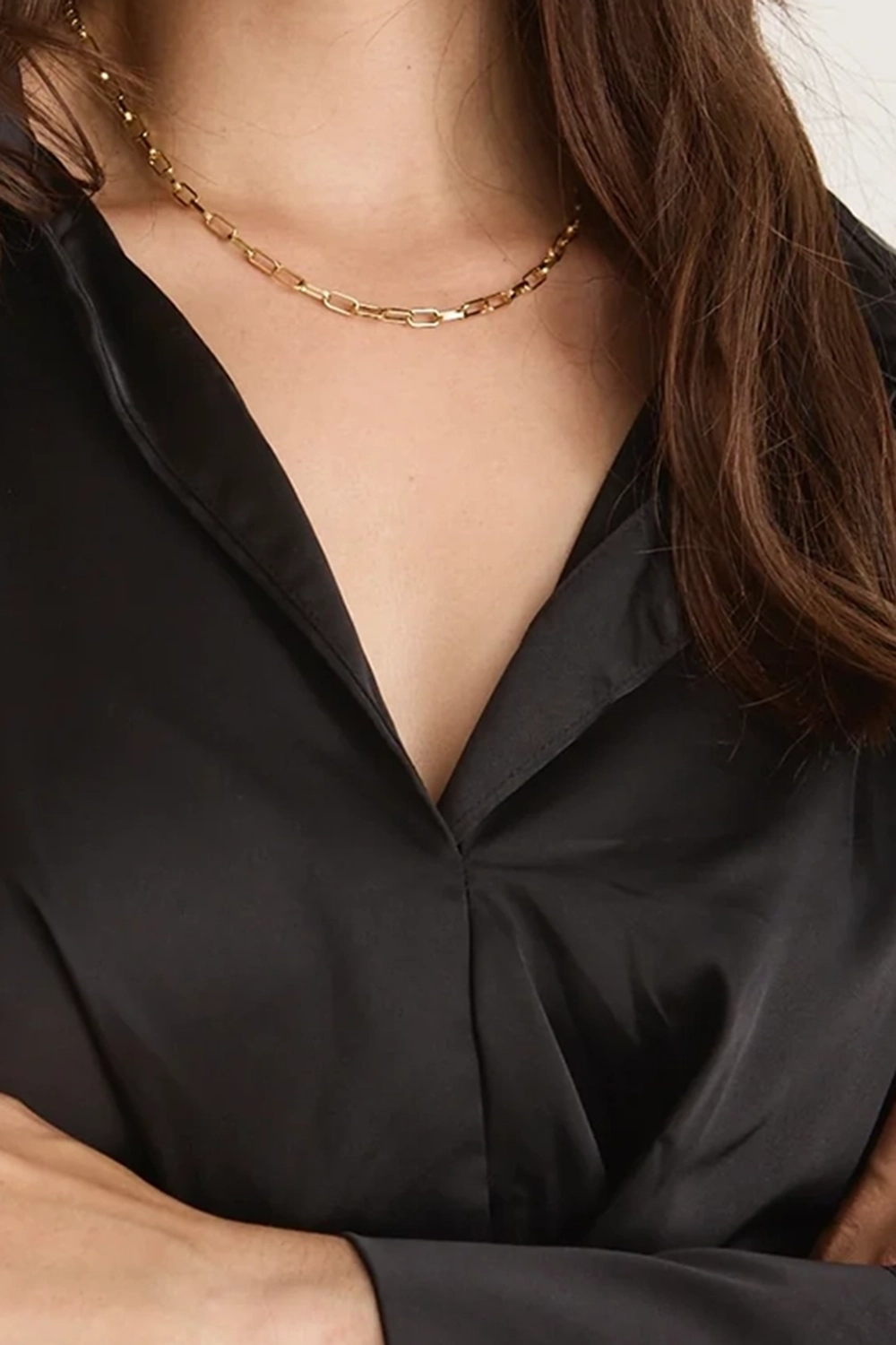 Black Satin Wrap Front Long - Sleeve