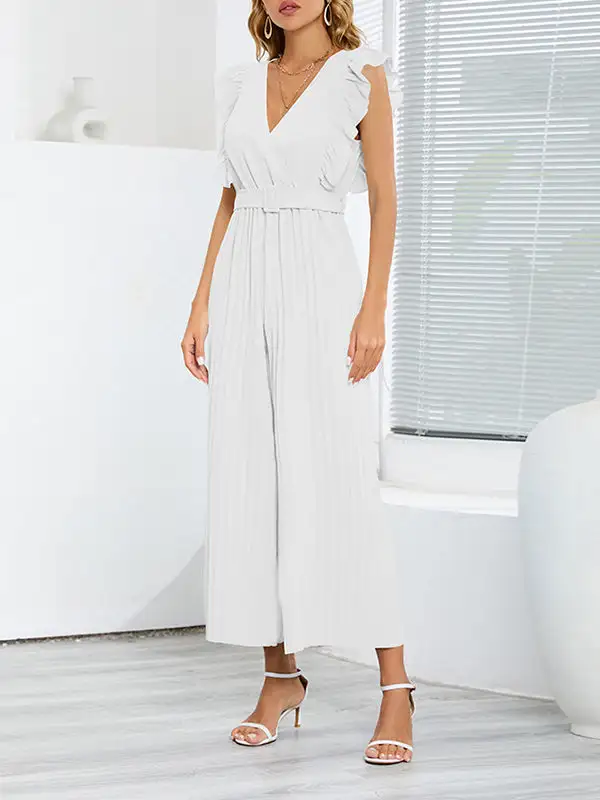 Hoog Getailleerde Losse Geplooide Jumpsuits Met V Hals