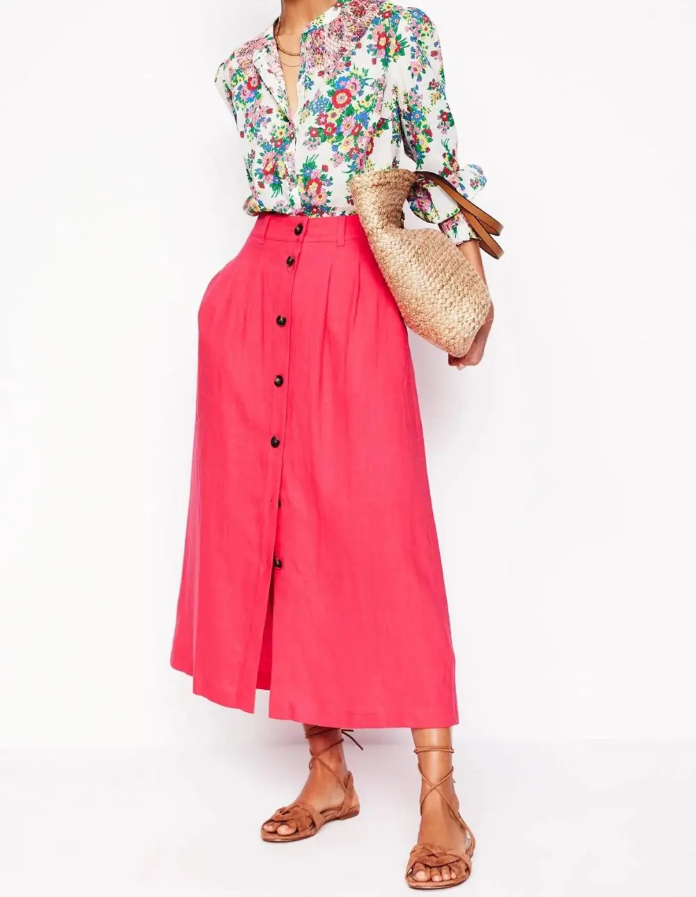 Hot Pink Button - Front Linen Midi Skirt