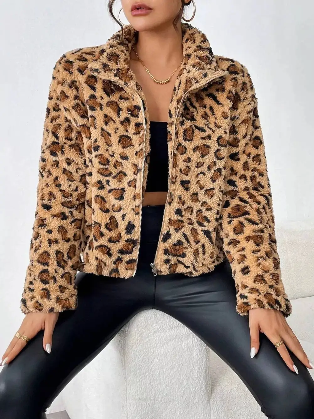 Leopard Fuzzy Zip-up Jacket