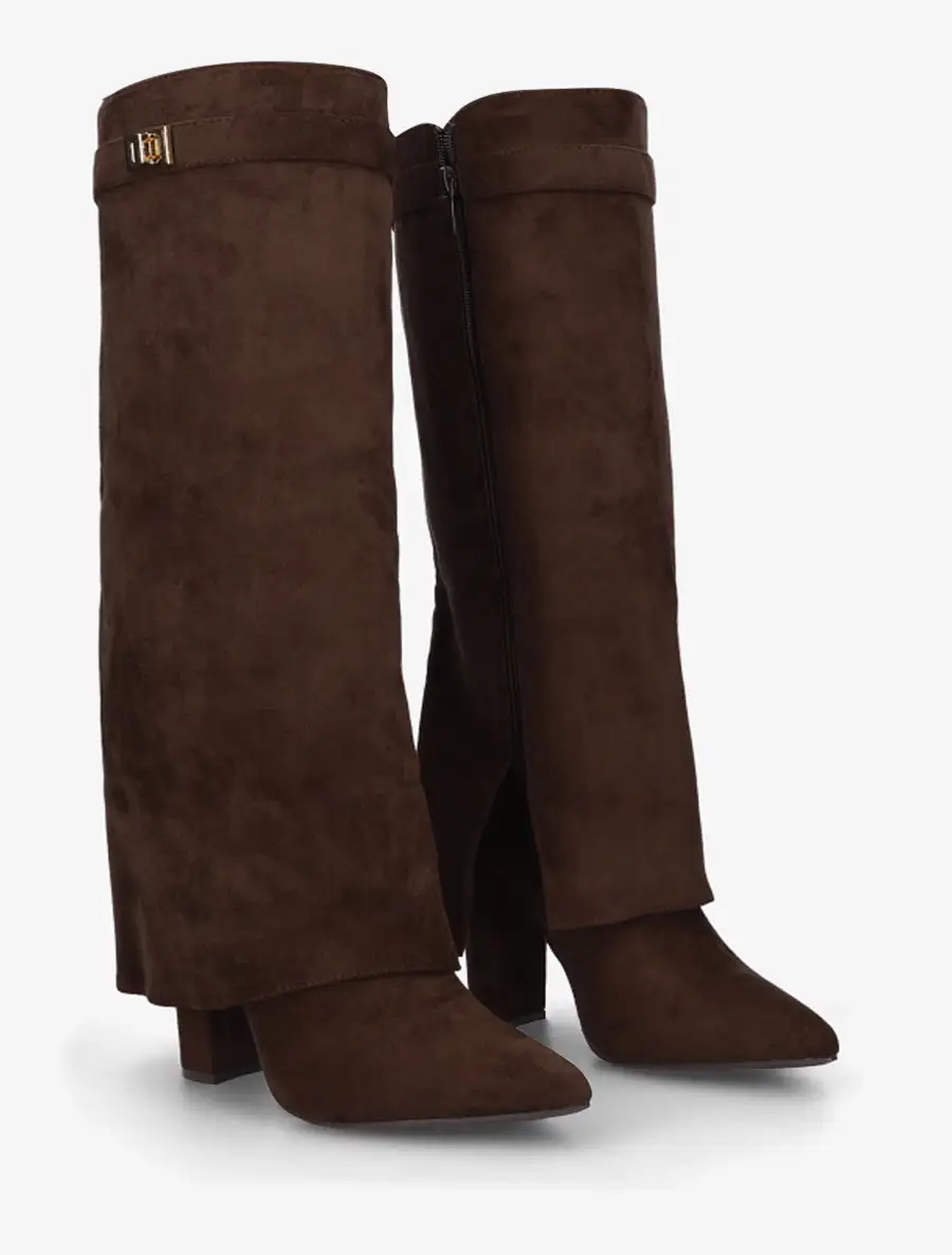 Modern Strap Detail Block Heel Fold-Over Faux Suede Knee High Boots