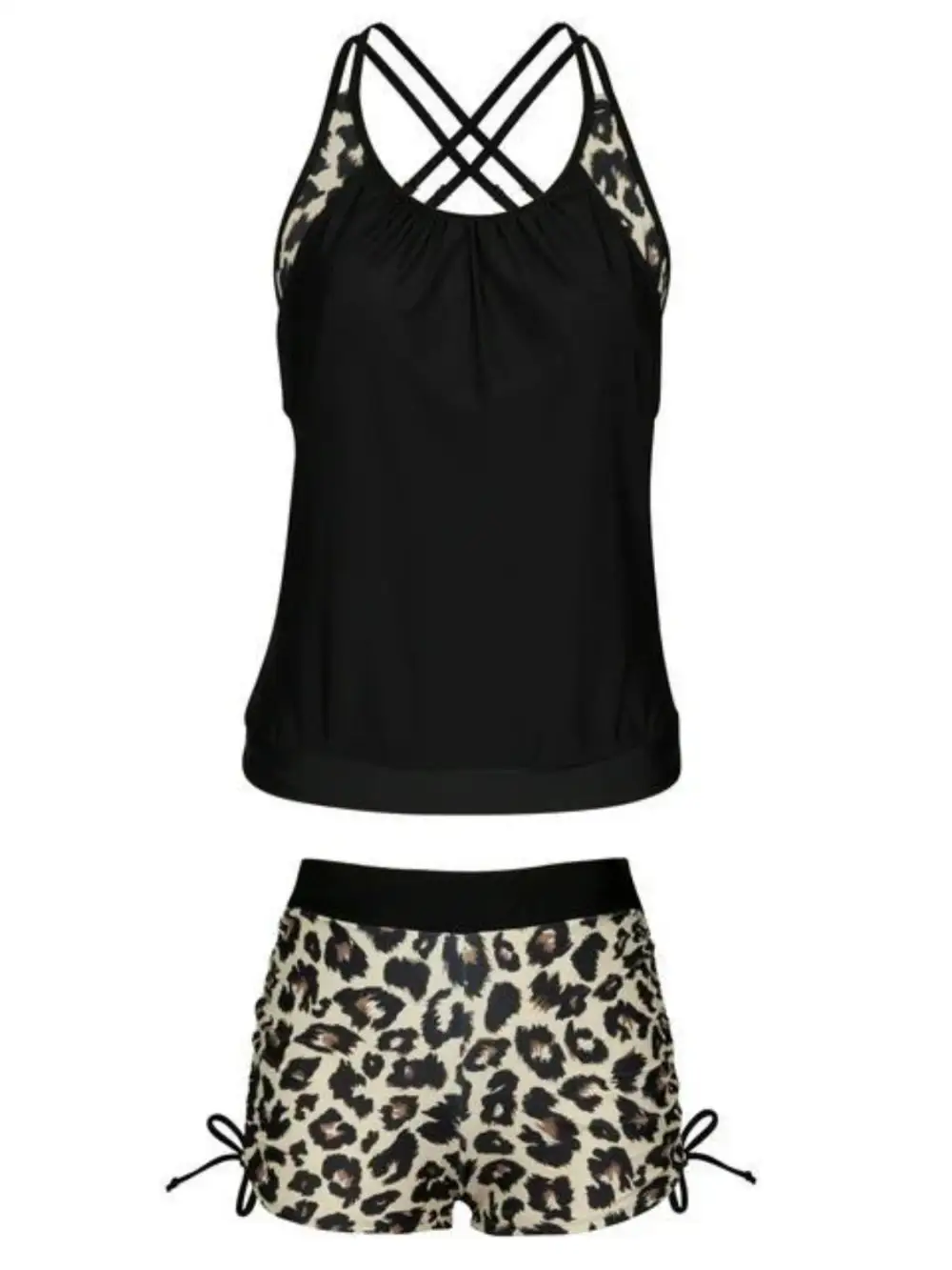 Crisscross Leopard Scoop Neck Coordinated Swimsuit