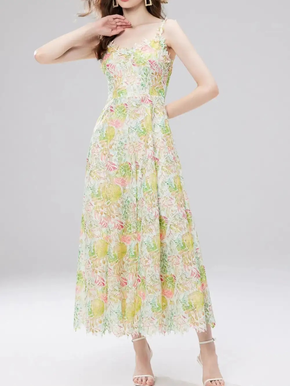 Floral Lace V Neck Midi Dress