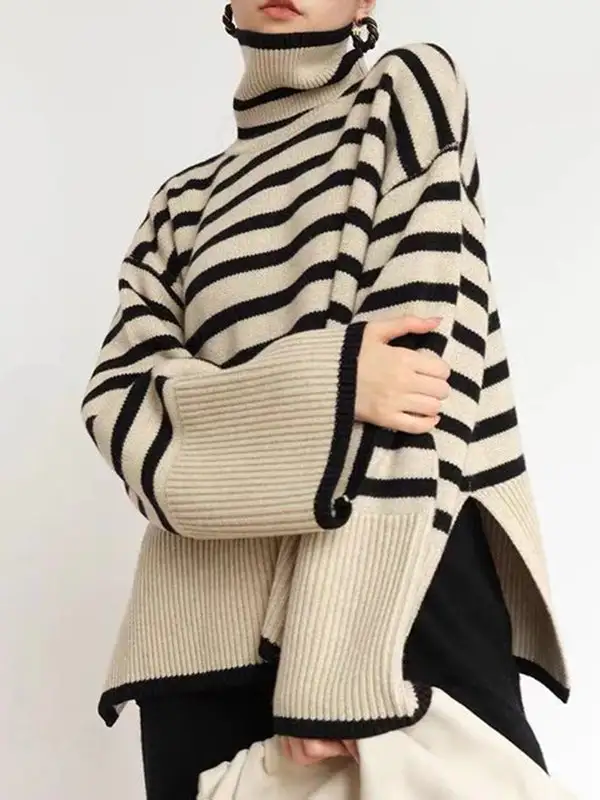 Striped Split Hem Paneled High Neck Long Sleeve Relaxed Fit Sweater