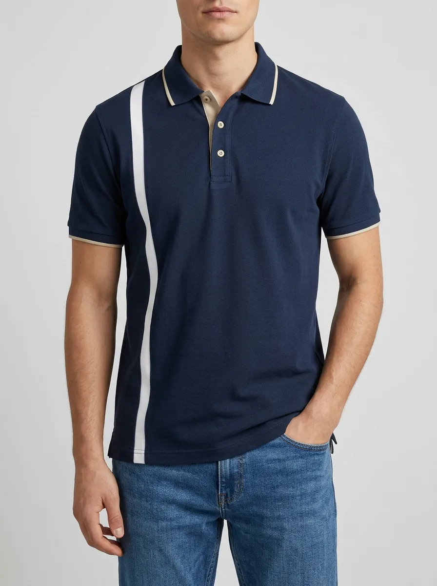 Men's Knit Ribbed Textured Vertical-Stripe Colorblock Contrast-Trim Running Graphic Polo Shirt
