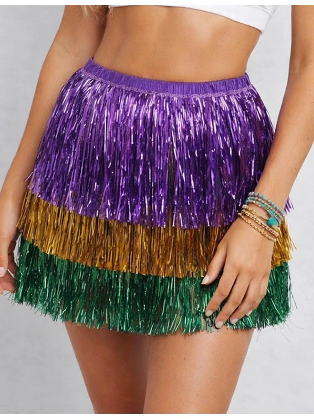 Mardi Gras Fringe Tinsel Elastic Waist Mini Skirt