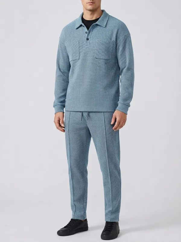 Men's Houndstooth Polo Collar Jacket and Jogger Pants Set
