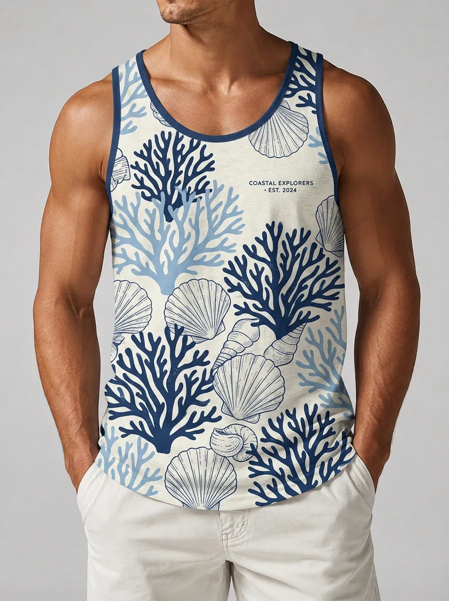 Men's Coastal Explorer Coral Seashell Printed Tank Top