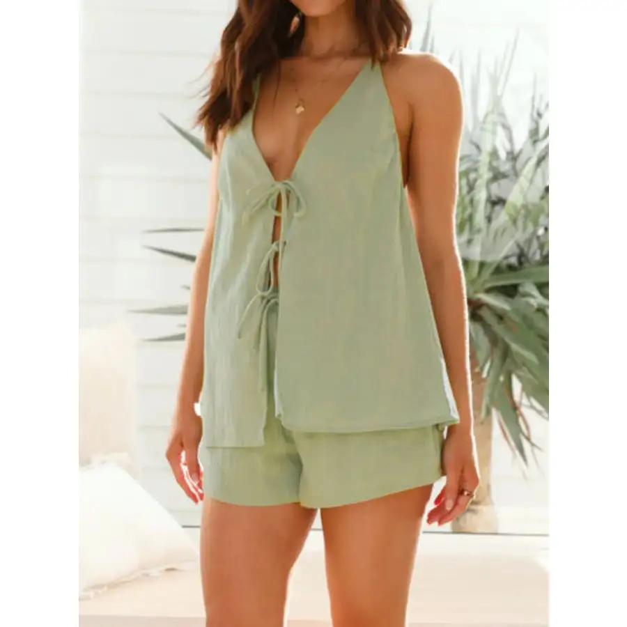 Tied Front Halter Neck Top and Shorts Set