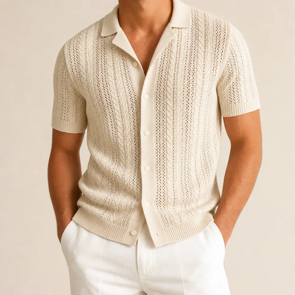 Men’s Open-Knit Short Sleeve Button-Up Shirt