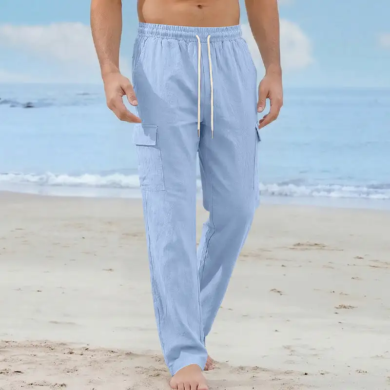 Men's Loose Linen Cargo Pants Waistband Pockets