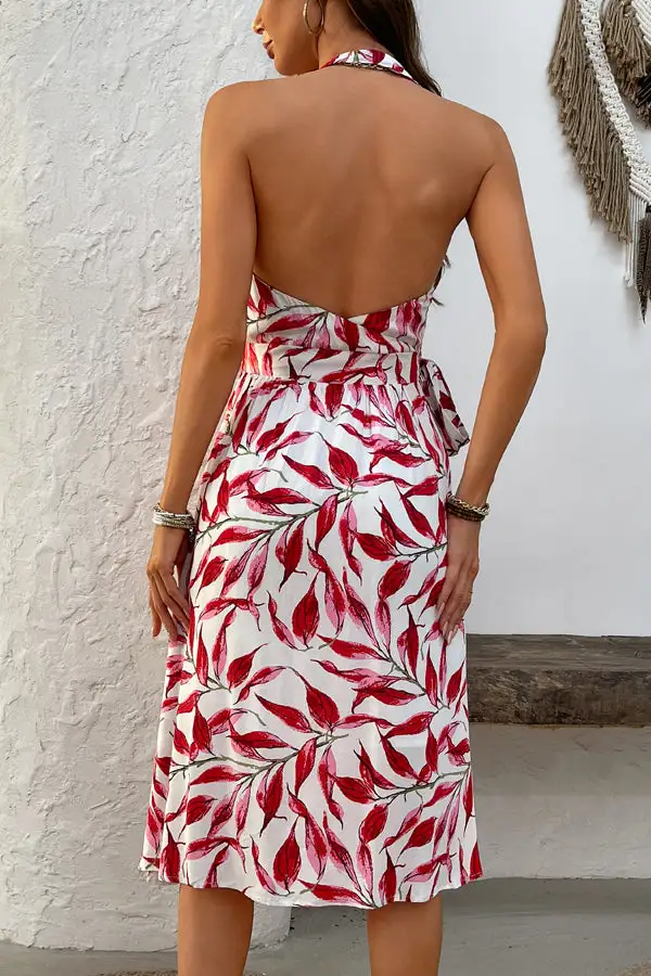 V Neck Tie Waist Midi Dress
