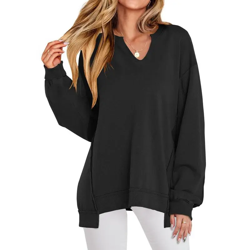 Women's Oversized Sweatshirt V Neck Long Sleeve Tunic Lightweight Pullover