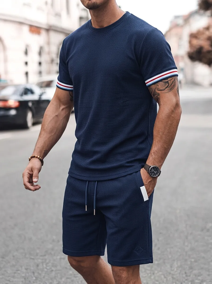 Men's Waffle-Knit Striped-Sleeve T-Shirt and Shorts Set
