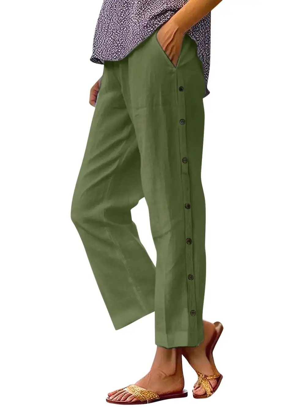 Side Decor Button Casual Wide Leg Pants