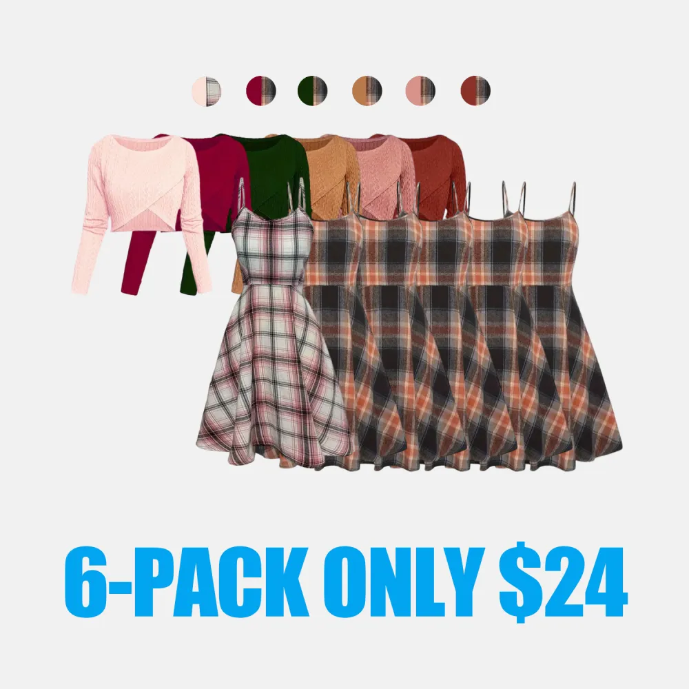 Women's Solid Wrap Hem Round Neck Textured Long Sleeve Crop Top & Plaid Print A-Line Dress Set