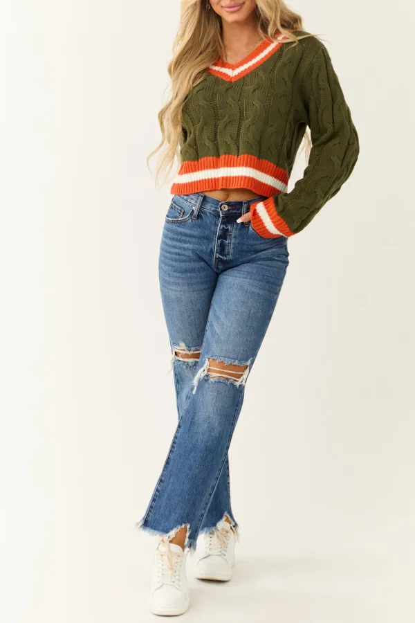 Army Green Knit Contrast Stripe Trim Sweater