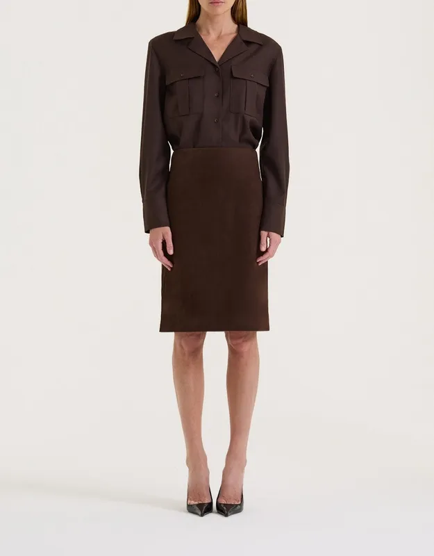 Chocolate Suede-Effect Tailored Skirt