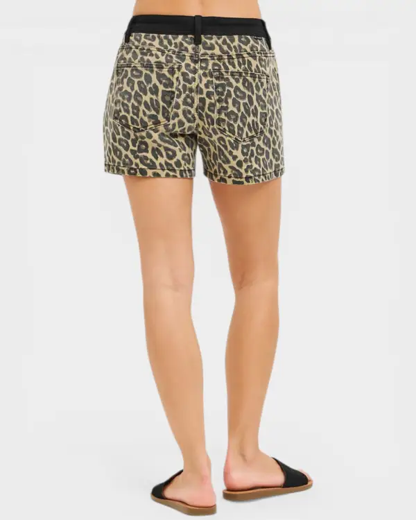 Leopard Print Contrast Waist Denim Shorts