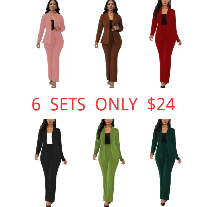 Women's Basic Plain Button Lapel Neck Blazer & Suit Pants