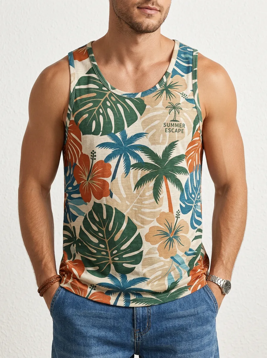 Men's Summer Escape Tropical Hibiscus Palm Printed Tank Top