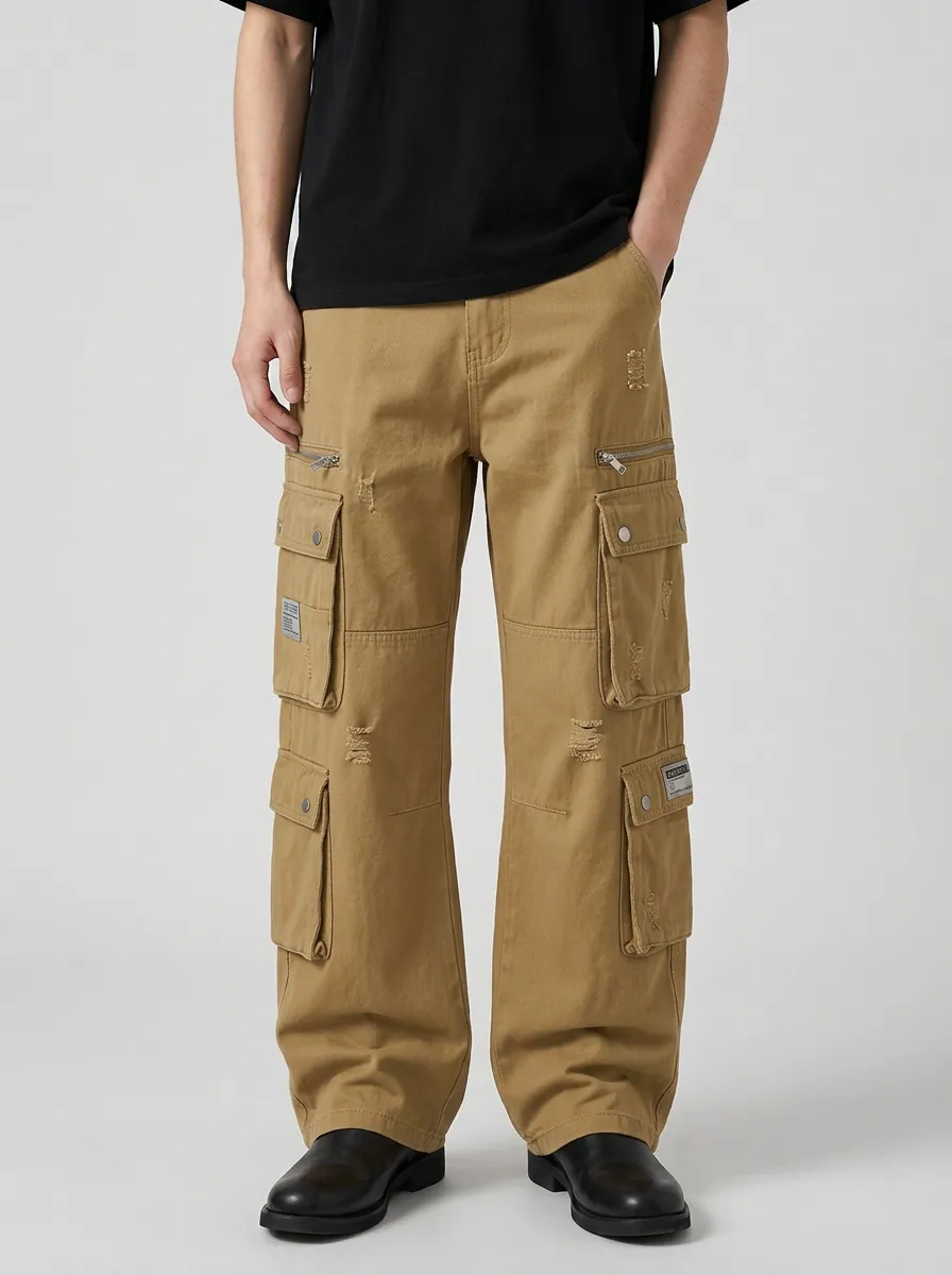 Men's Mid-Blue Patchwork Zip-Pocket Wide-Leg Denim Cargo Pants