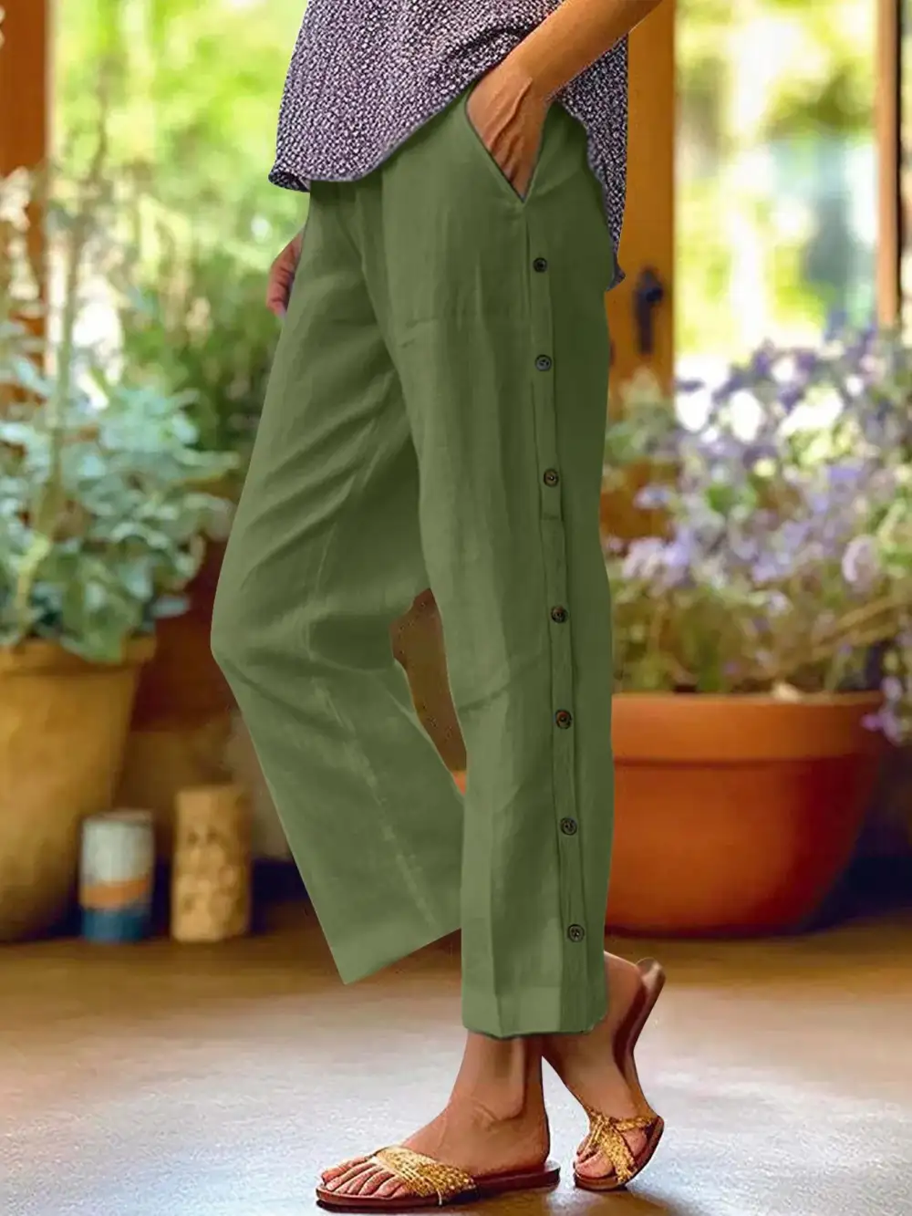 Side Decor Button Casual Wide Leg Pants