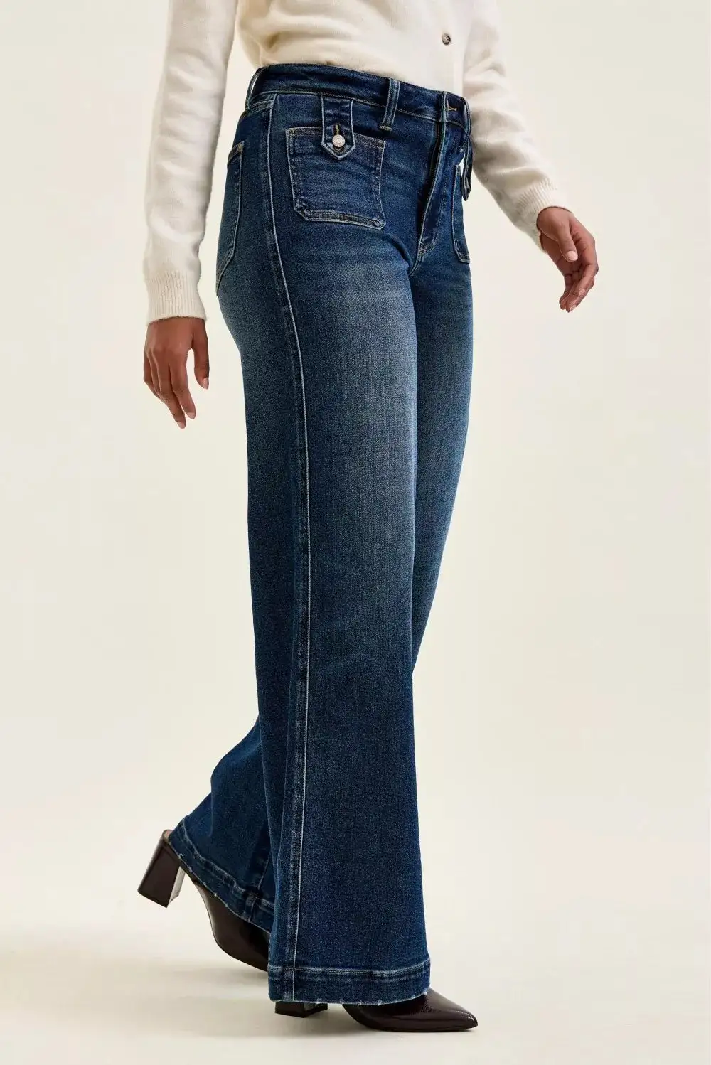 High Rise Raw Hem Patch Pocket Wide Leg Jeans