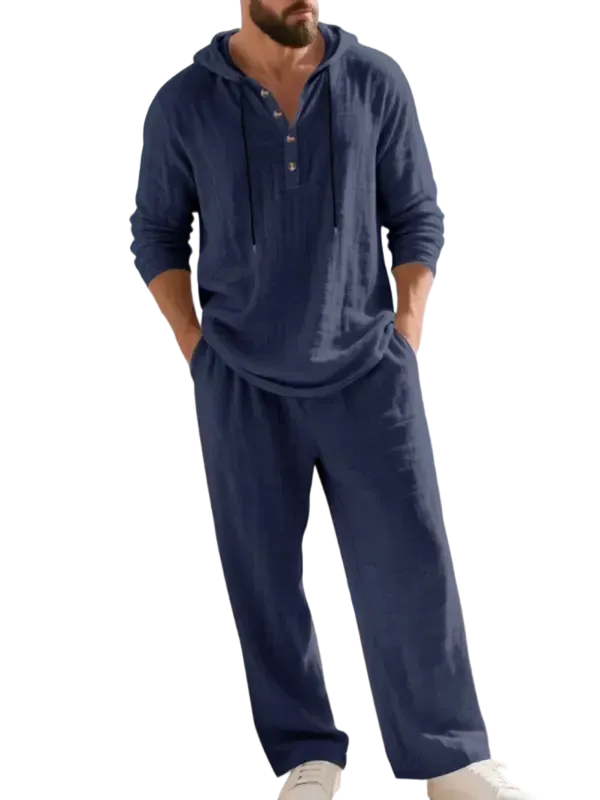 Men's fashionable linen hooded two-piece set, casual vacation style