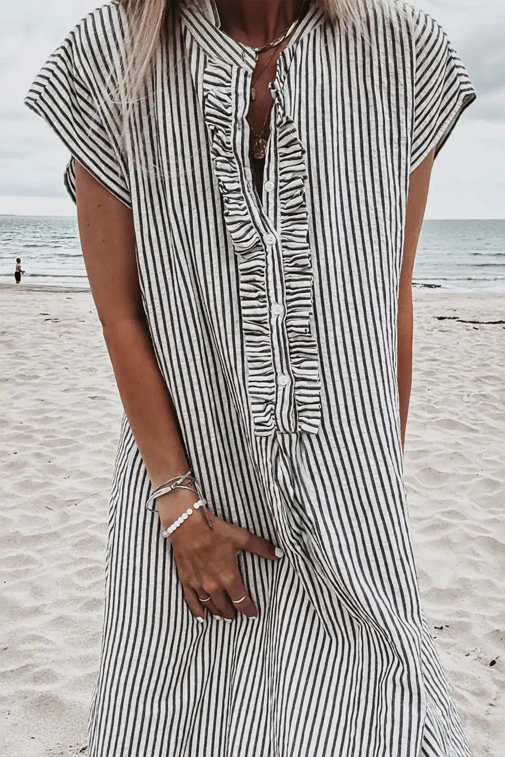 Maxi Stripe Frilled Detail Half Buttons Short Sleeve Long Lightweight