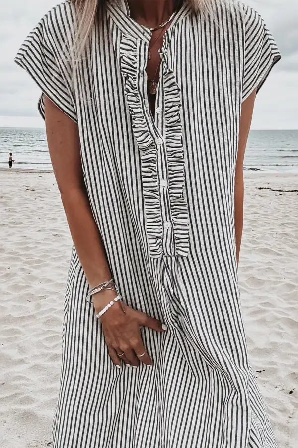 Maxi Stripe Frilled Detail Half Buttons Short Sleeve Long Lightweight