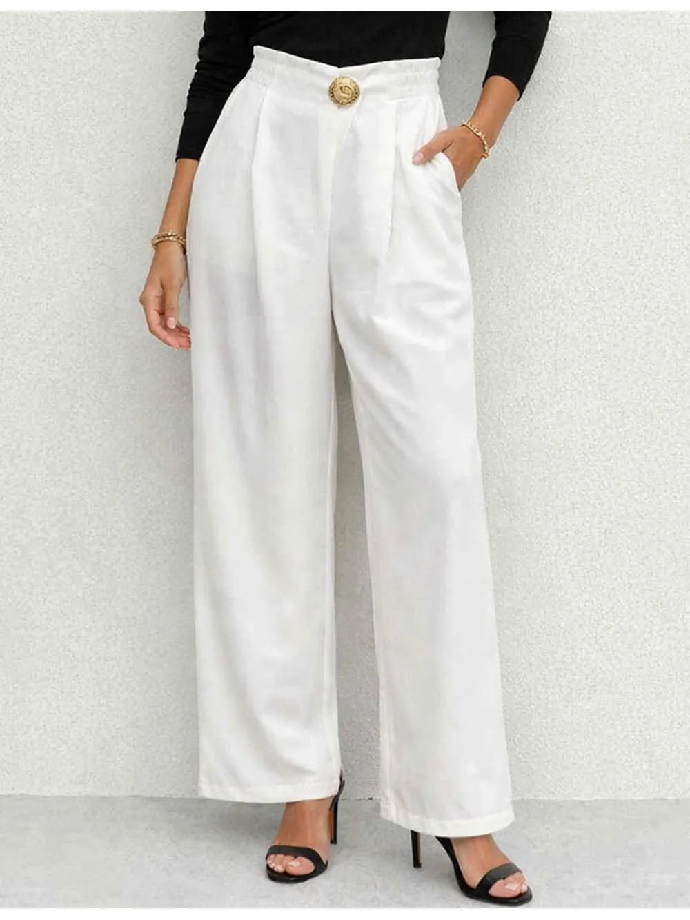 Chic Irregular Metal Buckle Waist Wide Leg Pants