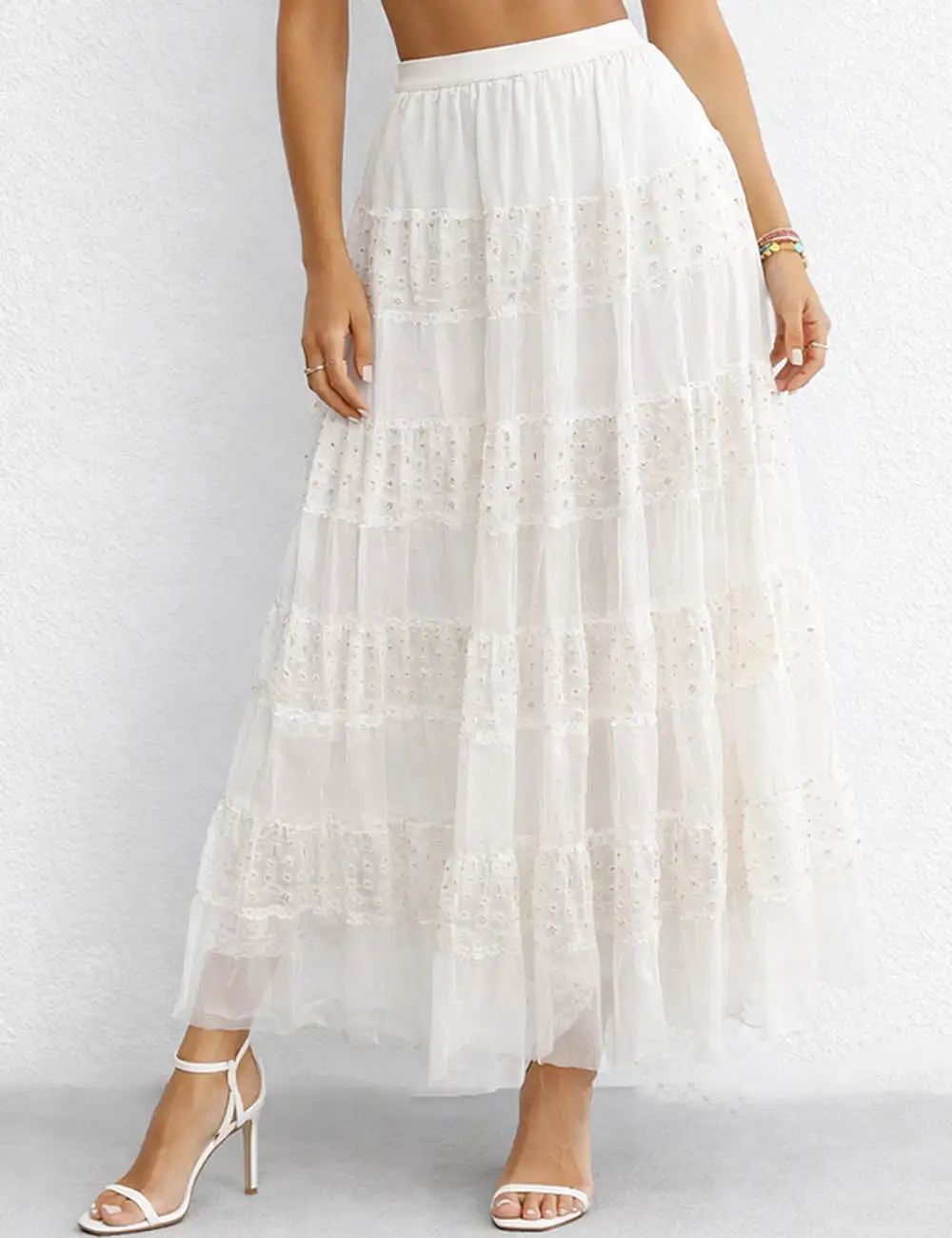 Elastic Waist Sequin Tiered Hem Mesh Maxi Skirt
