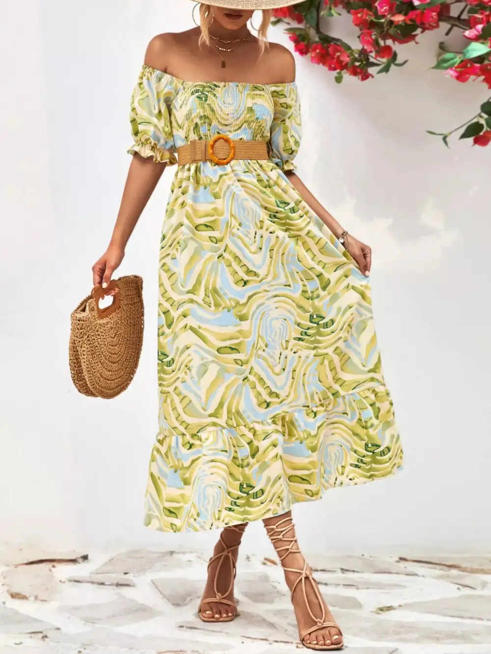 Printed Smocked Puff Sleeve Midi Dress