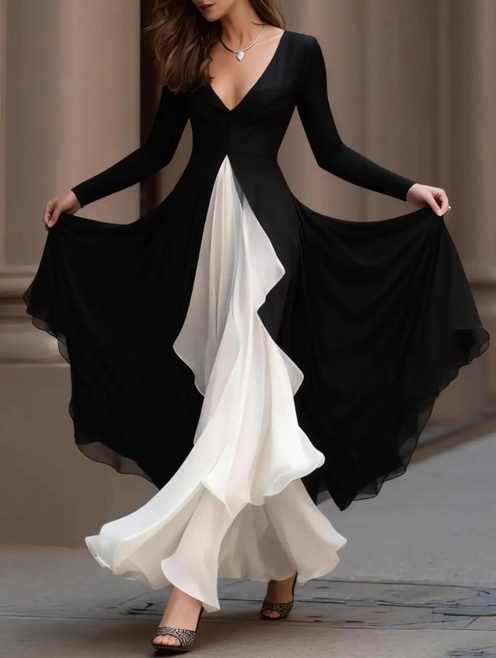 Refined V-Neck Colorblock Flare Maxi Dress