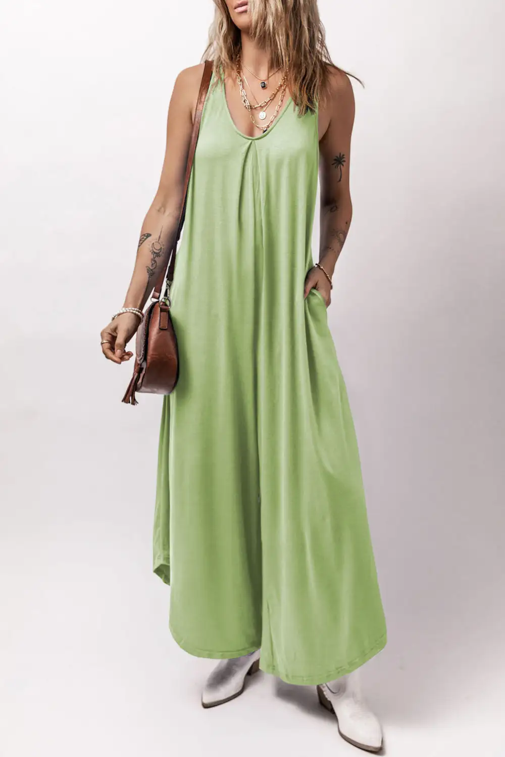 Grass Sleeveless V Neck Pocketed Wide Jumpsuit