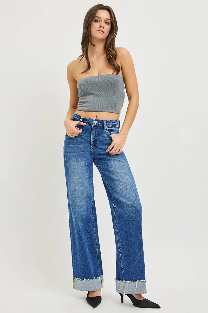 High Waist Wide Leg Cuffed Denim Jeans