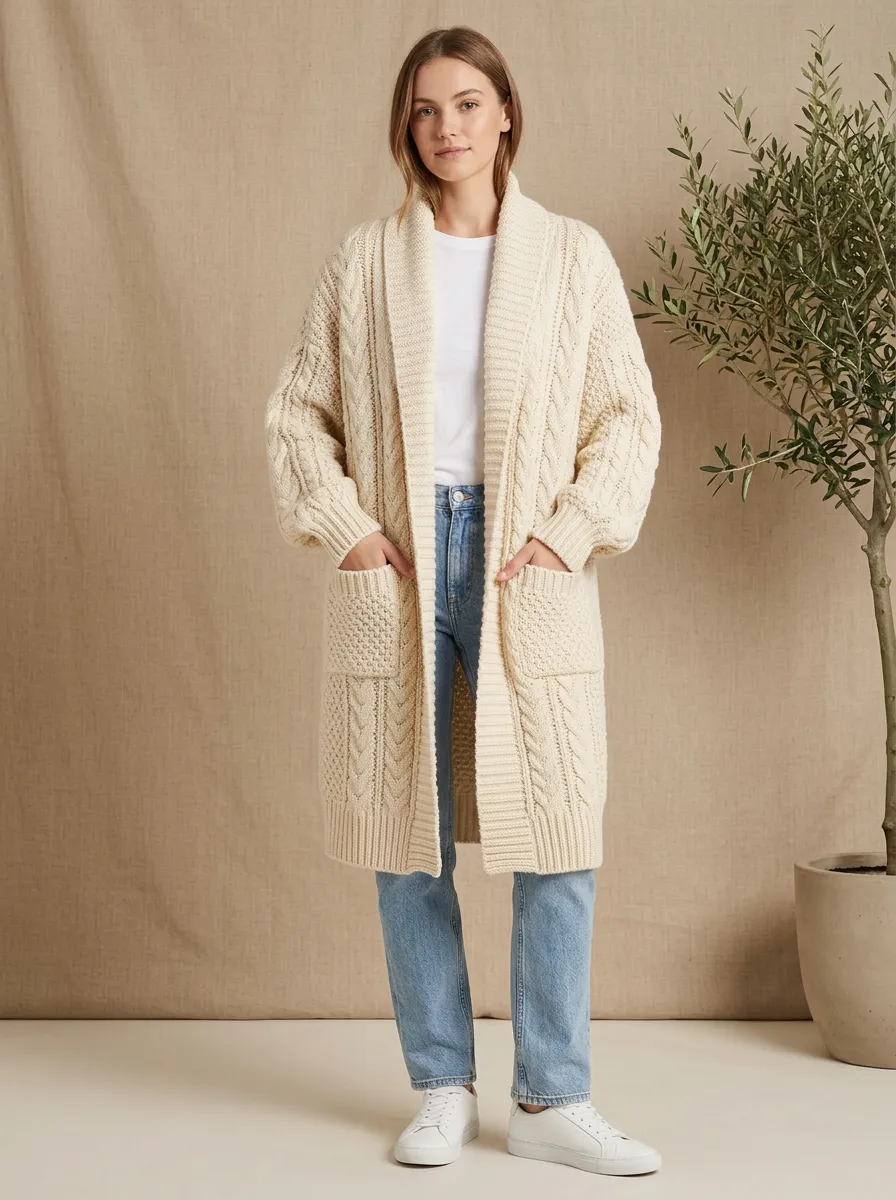 Women's Casual Winter Cream Cable Knit Open Front Cardigan