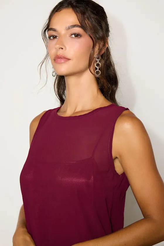 Kataleya Wine Red Chiffon Sleeveless Mini Shift Dress