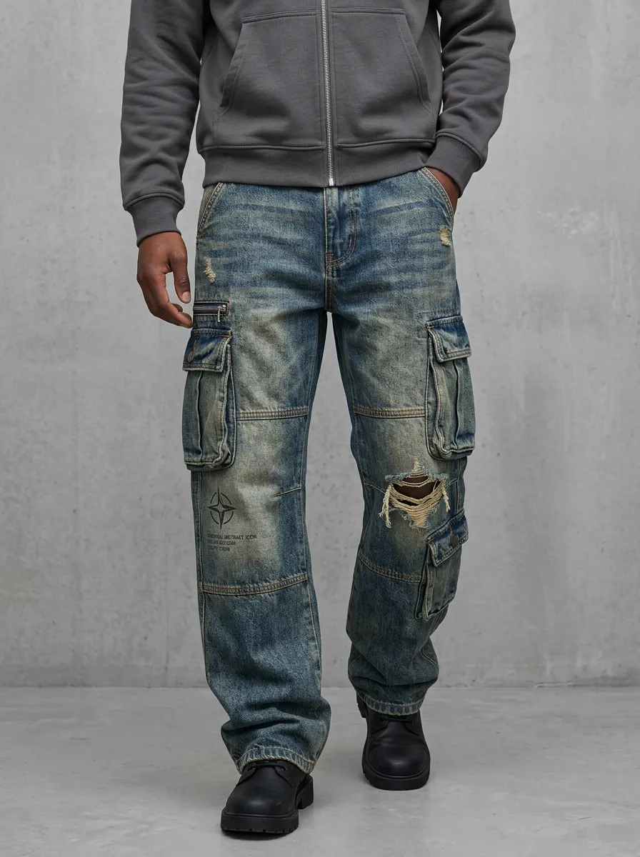 Men's Vintage Distressed Compass Print Denim Cargo Pants