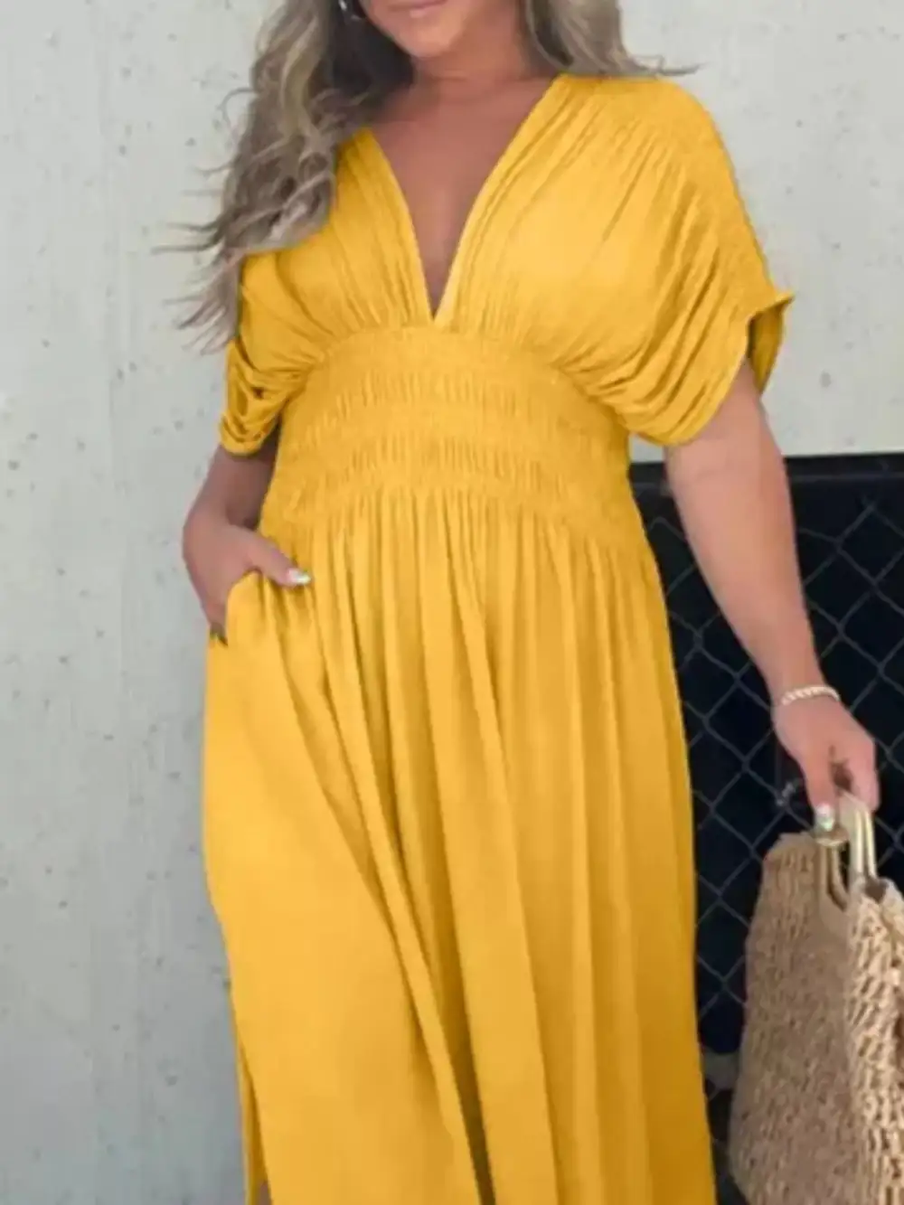V Neck Smocked Slit Maxi Dress