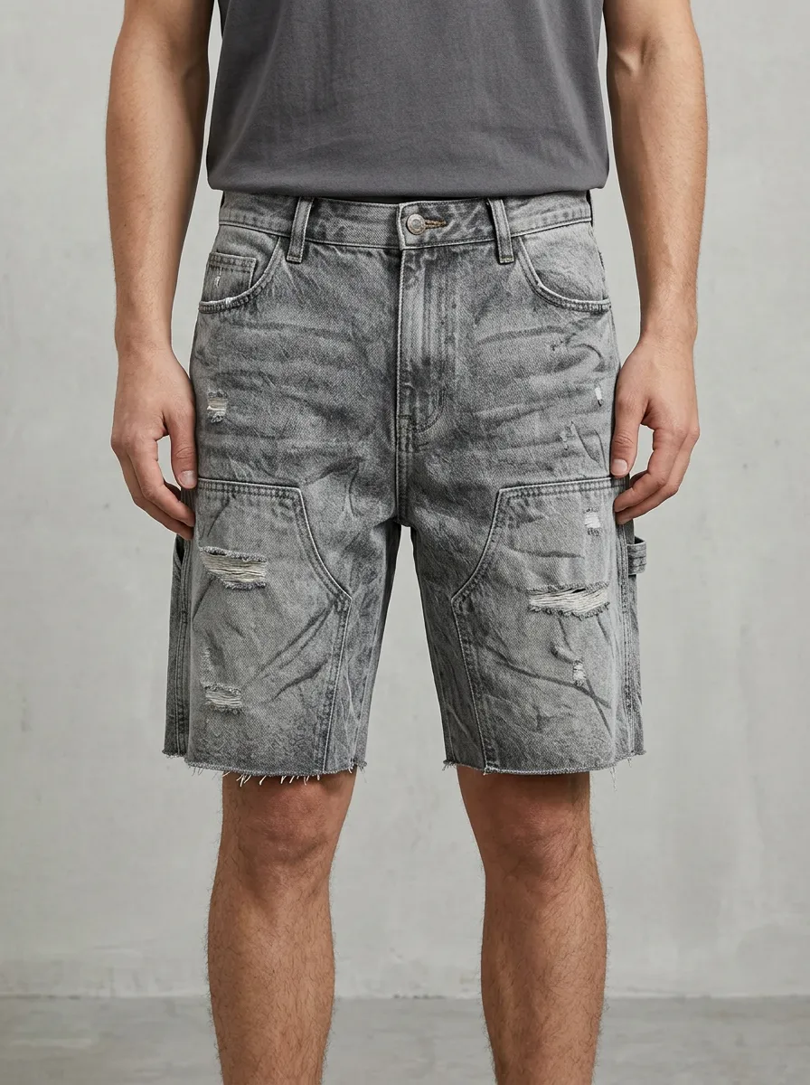 Men's Distressed Raw Hem Washed Distressed Denim Shorts