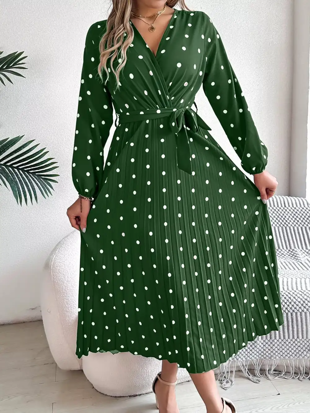 Polka Dot Pleated Midi Dress